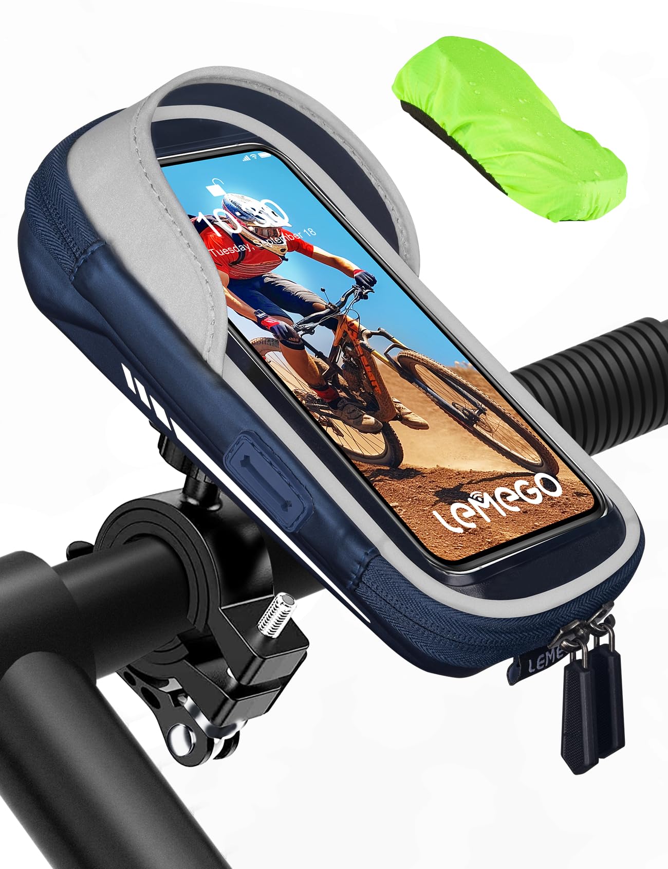 LEMEGO Handyhalterung Fahrrad Wasserdicht Handyhalter Motorrad Handy Halterung 360°Drehbarem Lenkertasche für 4.7-7 Zoll Smartphone mit Regenhaube und Reflektierend Fahrradlenker Halter Tasche, E42-2 von LEMEGO