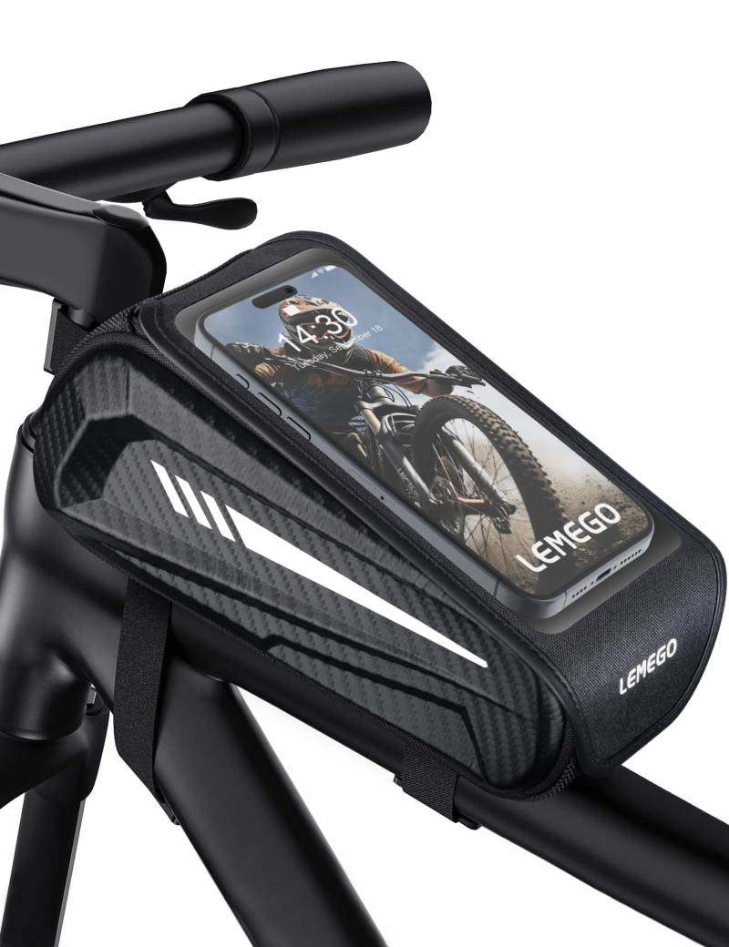 LEMEGO Rahmentasche wasserdichte Fahrradtasche mit Regenschutzhülle Reflektorstreifen Handytasche für Smartphone bis zu 6,7 Zoll 1L Oberrohrtasche für Fahrrad Motorrad von LEMEGO