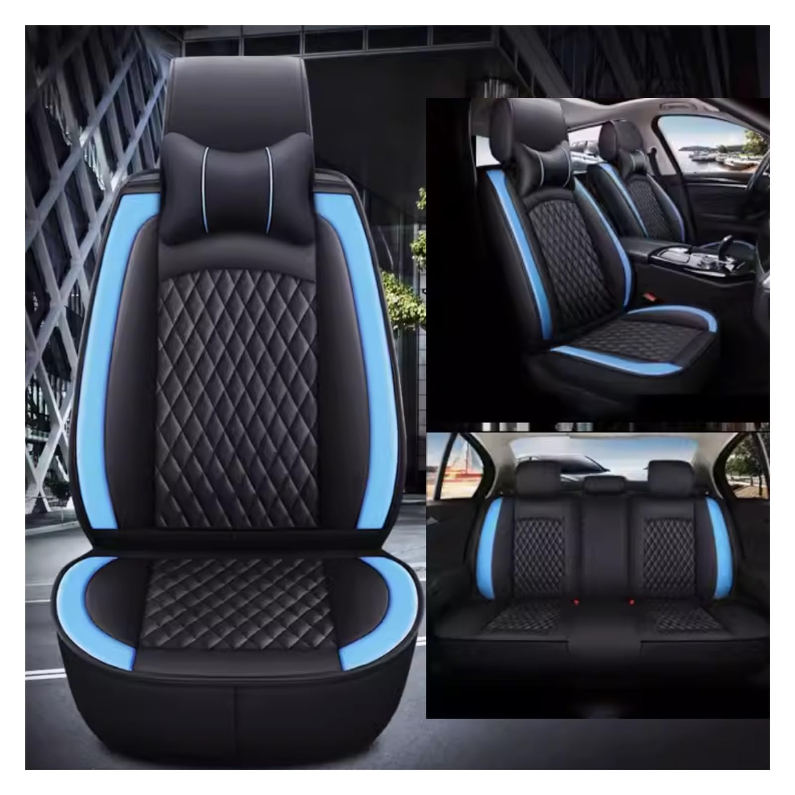 LEYWHEF Leder-Autositzbezüge passend for Tesla Model 3 Highland 2024, 5 Sitze, Bequeme, rutschfeste Sitzbezüge, Sportsitzbezug aus Nappaleder, komplettes Set mit Autositzbezügen(Blue+Headrest) von LEYWHEF