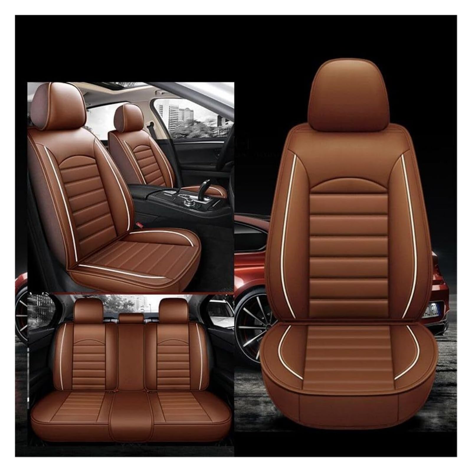 LEYWHEF Luxuriöse Autositzbezüge aus Leder, komplettes Set mit Autositzbezügen, Ledersitzbezüge for FIAT 500 2007-2012, komplettes Set mit Sitzschutz, 5-Sitzer(Brown) von LEYWHEF