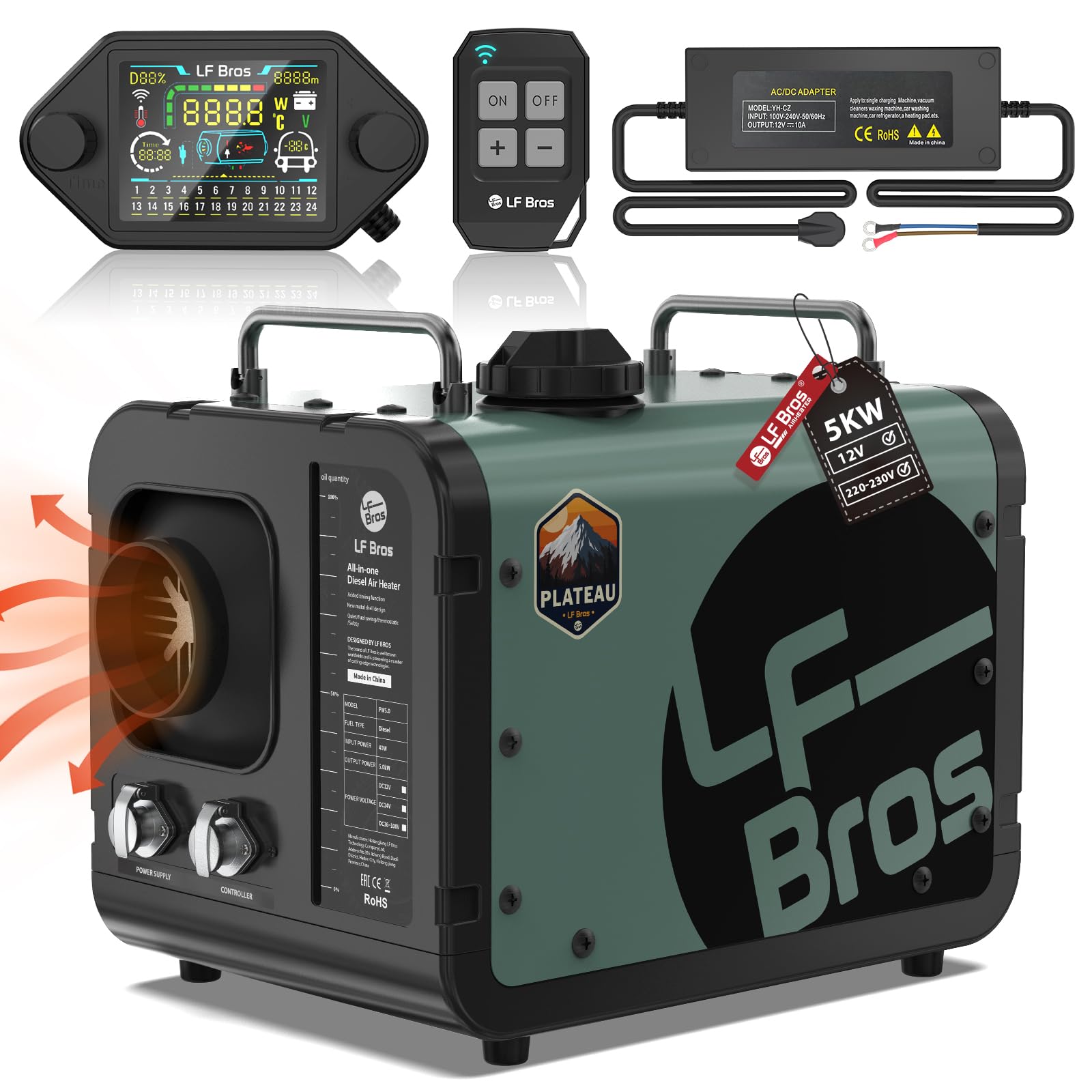 LF Bros 12V/220V Standheizung Diesel, 5KW Plateau Version Parkplatz Heizung Alles in einem, Dieselheizung mit Timer LCD Display Fernbedienung für Eisfischen, Boot, Wohnmobile, LKW von LF Bros