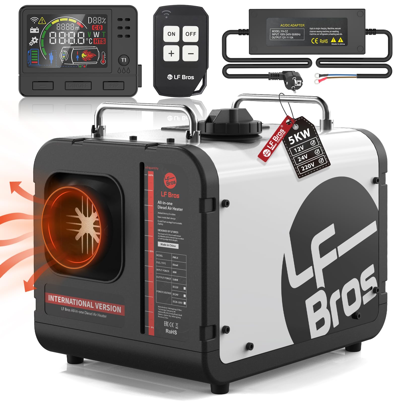 LF Bros 12V/24V/220V Dieselheizung, Diesel Standheizung 5kw, Diesel Lufterhitzer mit Timer LCD Schalter für Camping, Wohnmobil, LKW (Weiß) von LF Bros