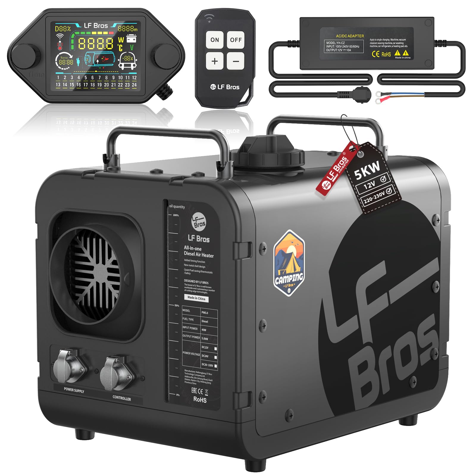 LF Bros Diesel Luftheizung 5KW, 12V/220V Plateau Version Standheizung Diesel Alles in Einem, Tragbare Heizung mit Timer LCD Schalter für Camping, LKW, Zelt, Boot (Schwarz) von LF Bros