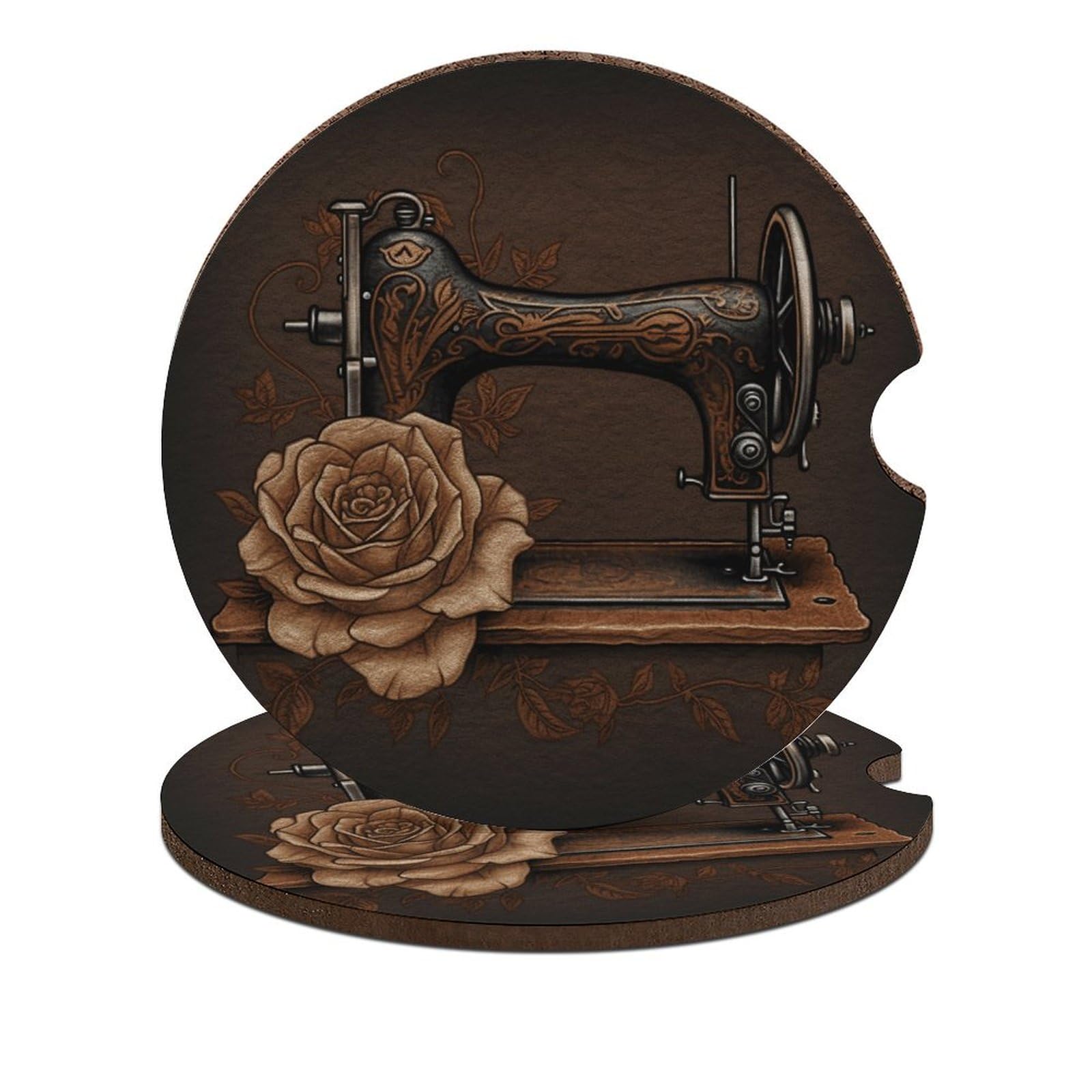 Rose and Sewing Machine Auto-Untersetzer, wasserdicht, rutschfest, Getränkehalter mit Fingerschlitz, Auto-Zubehör für Damen und Herren von LFDSEPYM