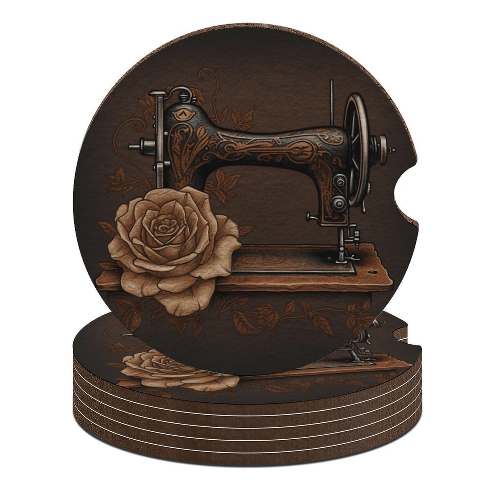 Rose and Sewing Machine Auto-Untersetzer, wasserdicht, rutschfest, Getränkehalter mit Fingerschlitz, Auto-Zubehör für Damen und Herren von LFDSEPYM