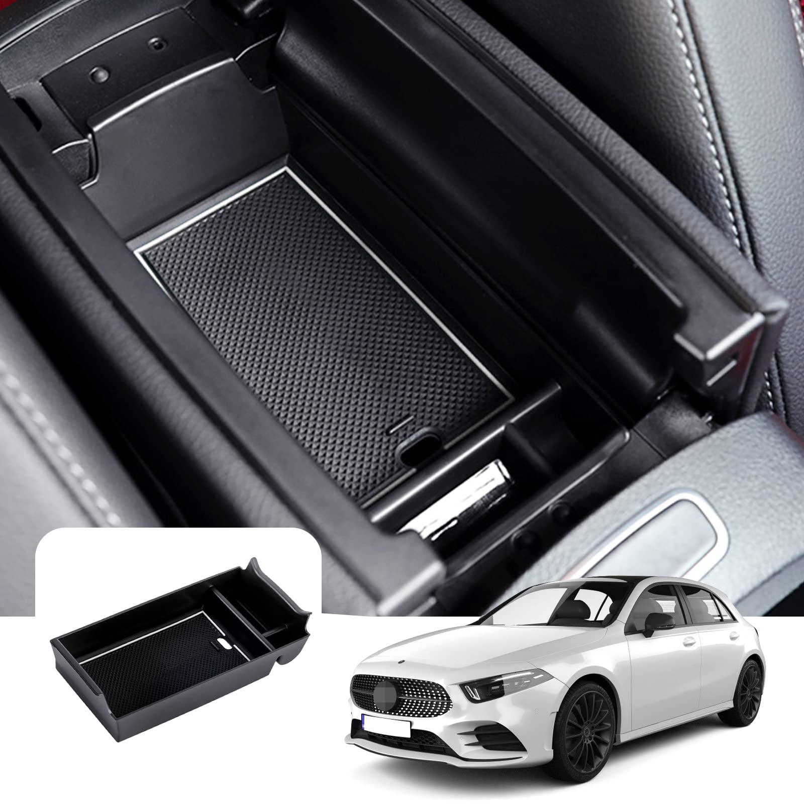 LFOTPP Auto Aufbewahrungsbox Für A-Klasse W177 V177 / B-Klasse W247 / GLA H247 SUV/CLA-Klasse C118 / GLB, Mittelkonsolen Armlehnen Organizer Tray mit Rutschfestermatte, Auto Zubehör (Weiß) von LFOTPP