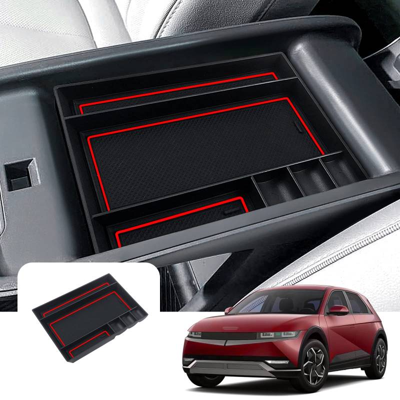 LFOTPP Auto Aufbewahrungsbox Für Hynuda-i Ioniq 5 2022 2023, Mittelkonsolen Armlehnen Organizer Tray mit Rutschfestermatte, Auto Innenraum Zubehör (Rot) von LFOTPP