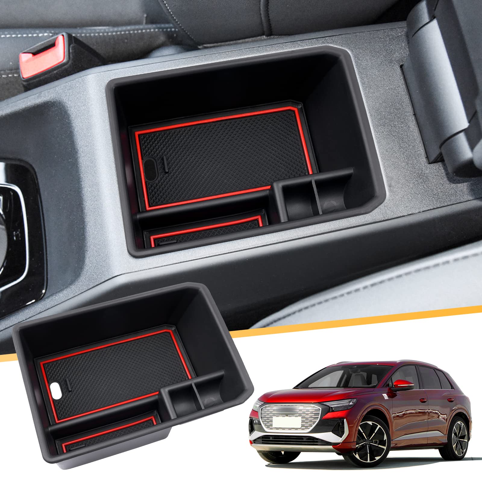 LFOTPP Für Aud-i Q4 e-tron EV Electric 2021+ Mittelkonsole Aufbewahrungsbox Organizer, Q4 etron Sportback Zubehör Flache Armlehne Tray Mittelarmlehne Handschuhfach (Rot) von LFOTPP