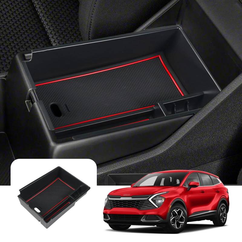 LFOTPP Kompatibel mit Kia Sportage NQ5 2022 2023 Aufbewahrungsbox, Mittelkonsole Organizer Tray für Armlehne Organizer Zubehör Mit Rutschfestermatte (Rot) von LFOTPP