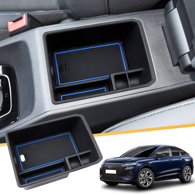 LFOTPP Kompatibel mit Audi Q4 e-tron EV Electric 2021 2022 2023 Mittelkonsole Aufbewahrungsbox, Q4 Etron Sportback Zubehör Armlehne Organizer Tray Handschuhfach (Blau) von LFOTPP