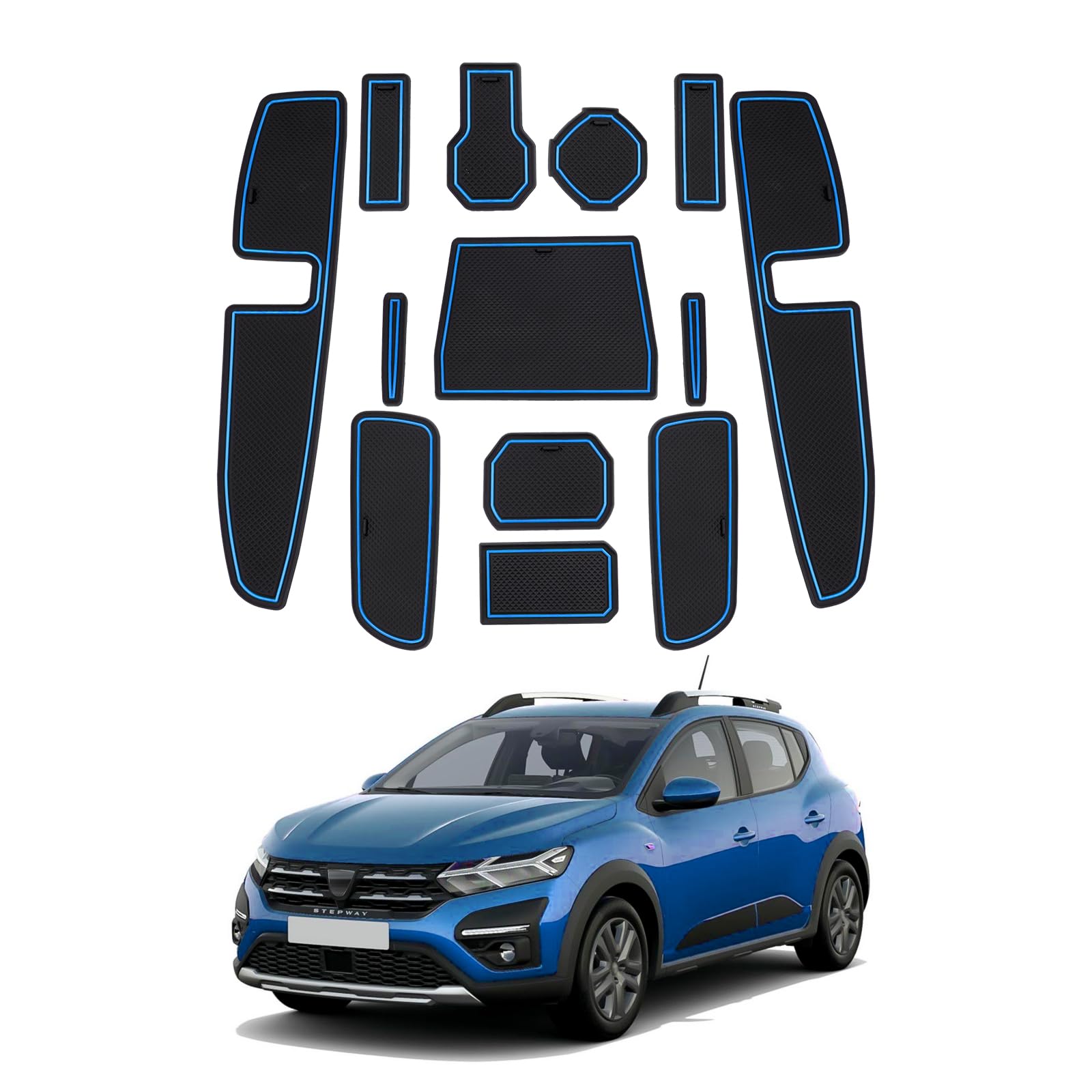 LFOTPP Kompatibel mit Dacia Sandero 3/ Sandero Stepway III 2021-2023 Anti-rutsch Gummimatten Set, Mittelkonsole Armlehnenablage Getränkehalter Matten Sandero Zubehör (Blau) von LFOTPP