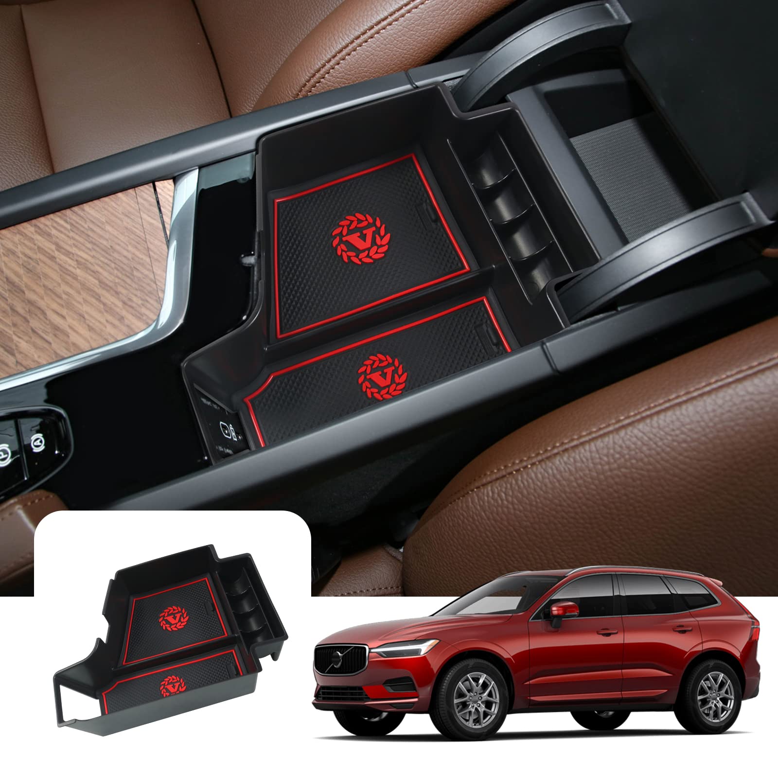 LFOTPP Kompatibel mit Volvo XC60 XC90 V60 S60 V90 S90 2017-2023 Mittelkonsole Aufbewahrungsbox, XC60 XC90 Zubehör Mittelarmlehne Organizer Tray Handschuhfach (Rot) von LFOTPP