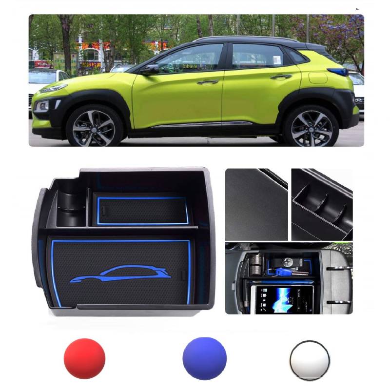 LFOTPP Kompatibel mit Hyunda*i Kona Hybrid N Line 2018-2022 Aufbewahrungsbox, Mittelkonsole Organizer Tray für Armlehne Organizer Zubehör Mit Rutschfestermatte, Auto Zubehör (Blau) von LFOTPP