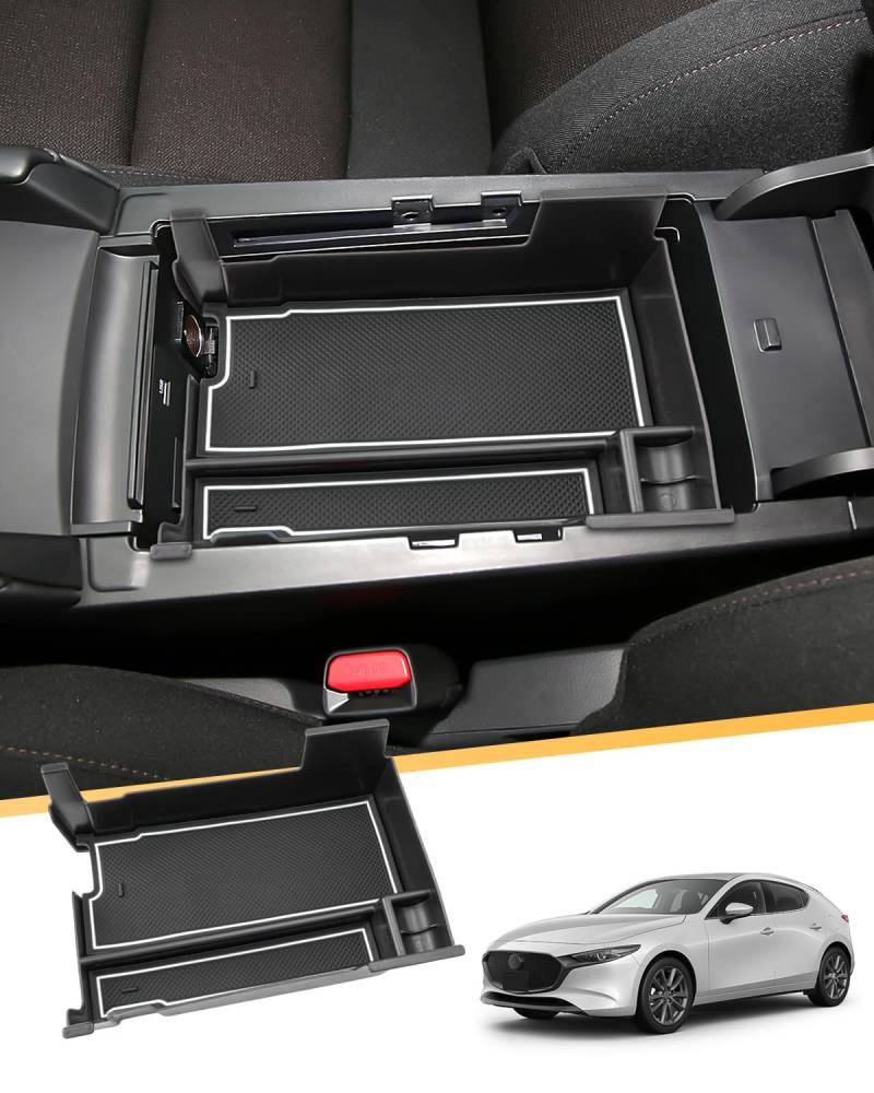 LFOTPP Mittelkonsole Aufbewahrungsbox Kompatibel mit Mazda 3 BP 2019-2024 2025, Mazda3 Zubehör Armlehne Tray Mittelarmlehne Handschuhfach Auto Center Console Organizer Innenraum (Weiß) von LFOTPP