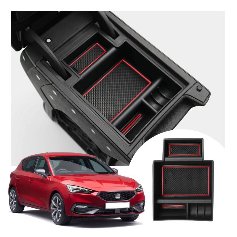 [Aktualisieren] LFOTPP Seat Leon 5F MK3 2013-2019 Mittelkonsole Ablagefach, Leon 5F MK3 Auto Zubehör Mittelarmlehne Aufbewahrungsbox Organizer Tray Storage Box Original (Rot) von LFOTPP