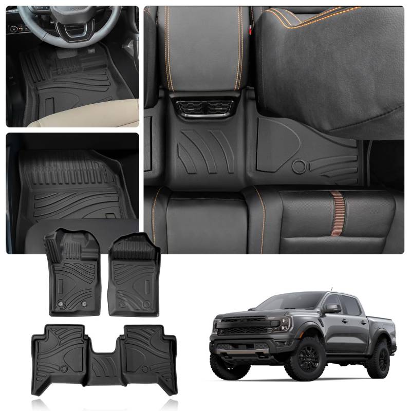 LFOTPP TPE Fussmatte Set für Ford Ranger T9 Raptor Wildtrak XLT Fussmatten 2023 2024, 3D Scannen Allwetter Antirutsch Fußmatten Geruchsfrei Antifouling, Ranger T9 Original Zubehör von LFOTPP