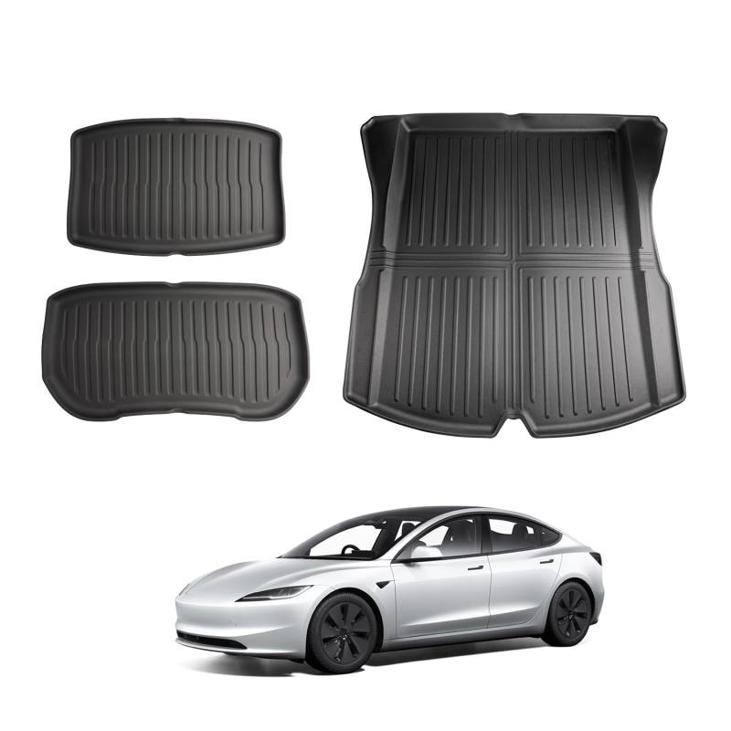 LFOTPP TPE Komplettes Set vorne hinten Kofferraummatte für Tesla Model 3 2024 2025, Hoher Rand rutschfeste wasserdichte Bodeneinlagen Kofferraumwanne, Model 3 2024 Zubehör [3 Stück] von LFOTPP