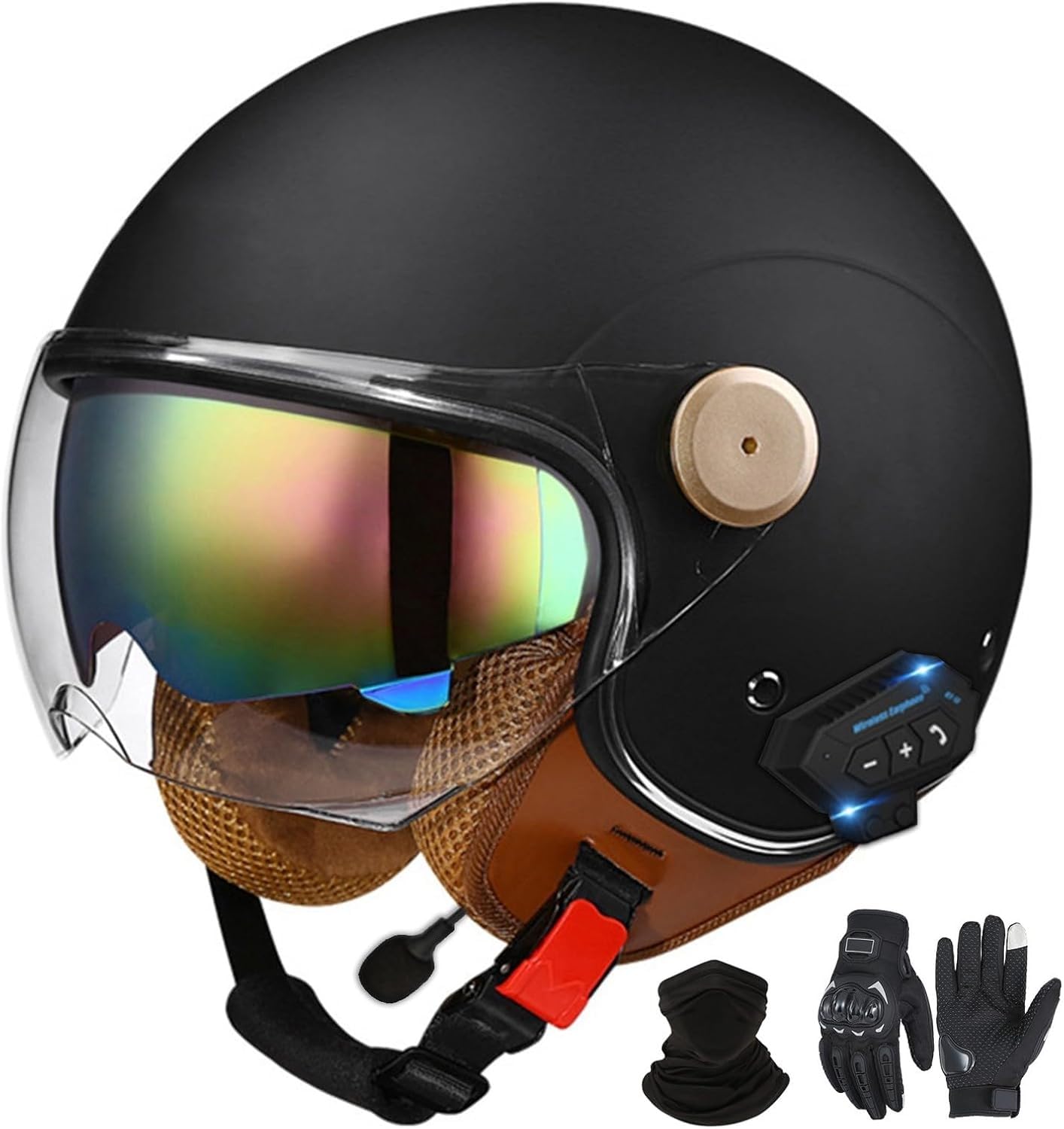 Bluetooth-Halbhelme Motorradhelm, Retro-Jet-Halbhelm Mit Doppelvisier, DOT/ECE-Zertifizierter Halbschalen-Scooter-Helm Für Männer Und Frauen, Antikollisionshelm B1,L=59-60VM von LHBM