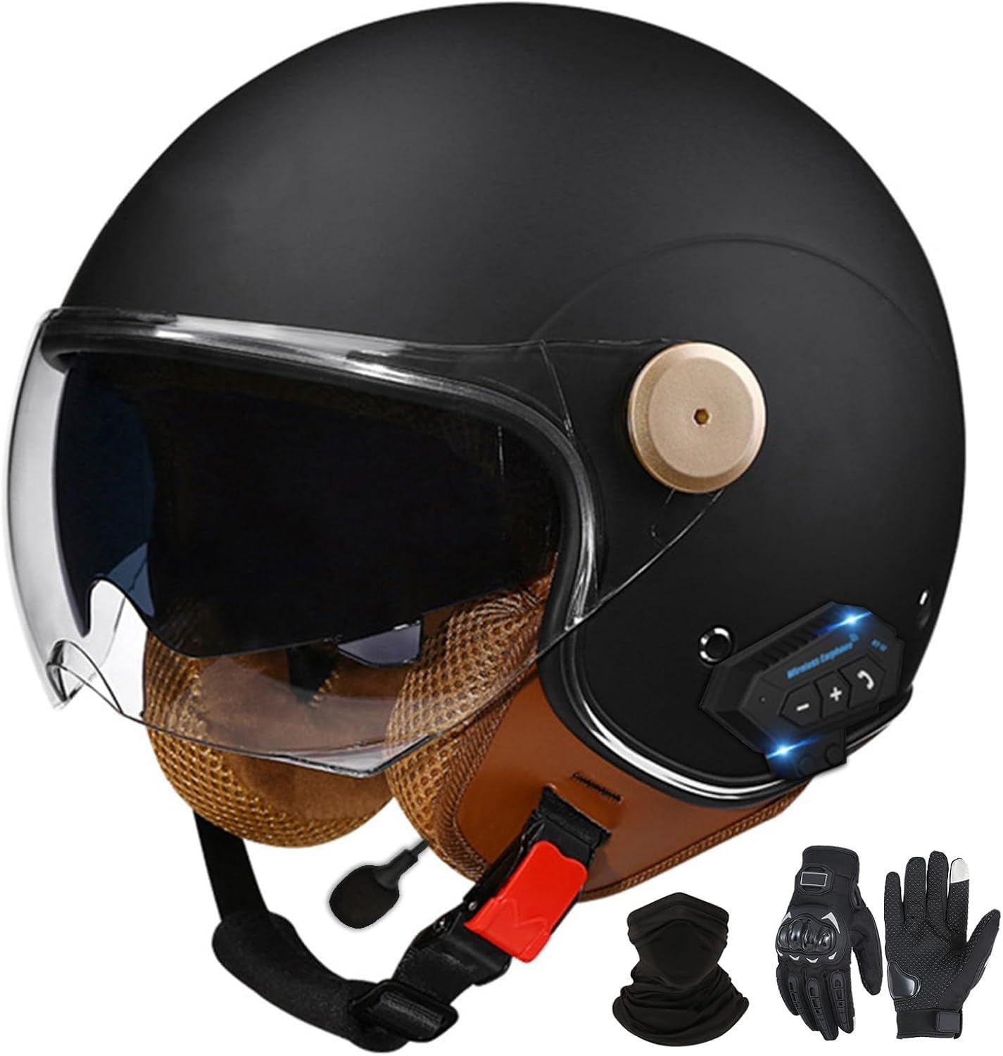 Bluetooth-Halbhelme Motorradhelm, Retro-Jet-Halbhelm Mit Doppelvisier, DOT/ECE-Zertifizierter Halbschalen-Scooter-Helm Für Männer Und Frauen, Antikollisionshelm B2,L=59-60VM von LHBM