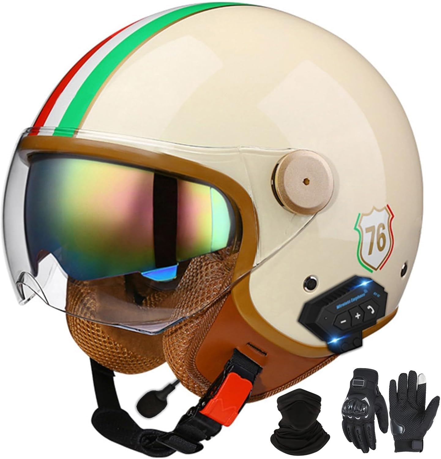 Bluetooth-Halbhelme Motorradhelm, Retro-Jet-Halbhelm Mit Doppelvisier, DOT/ECE-Zertifizierter Halbschalen-Scooter-Helm Für Männer Und Frauen, Antikollisionshelm C1,L=59-60VM von LHBM