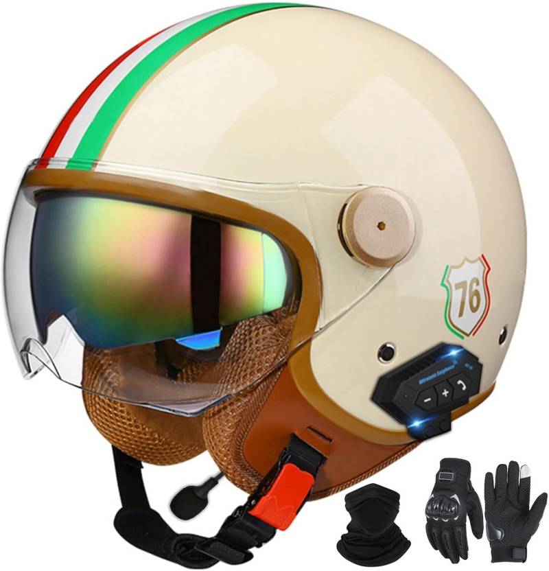 Bluetooth-Halbhelme Motorradhelm, Retro-Jet-Halbhelm Mit Doppelvisier, DOT/ECE-Zertifizierter Halbschalen-Scooter-Helm Für Männer Und Frauen, Antikollisionshelm C1,M=57-58CM von LHBM