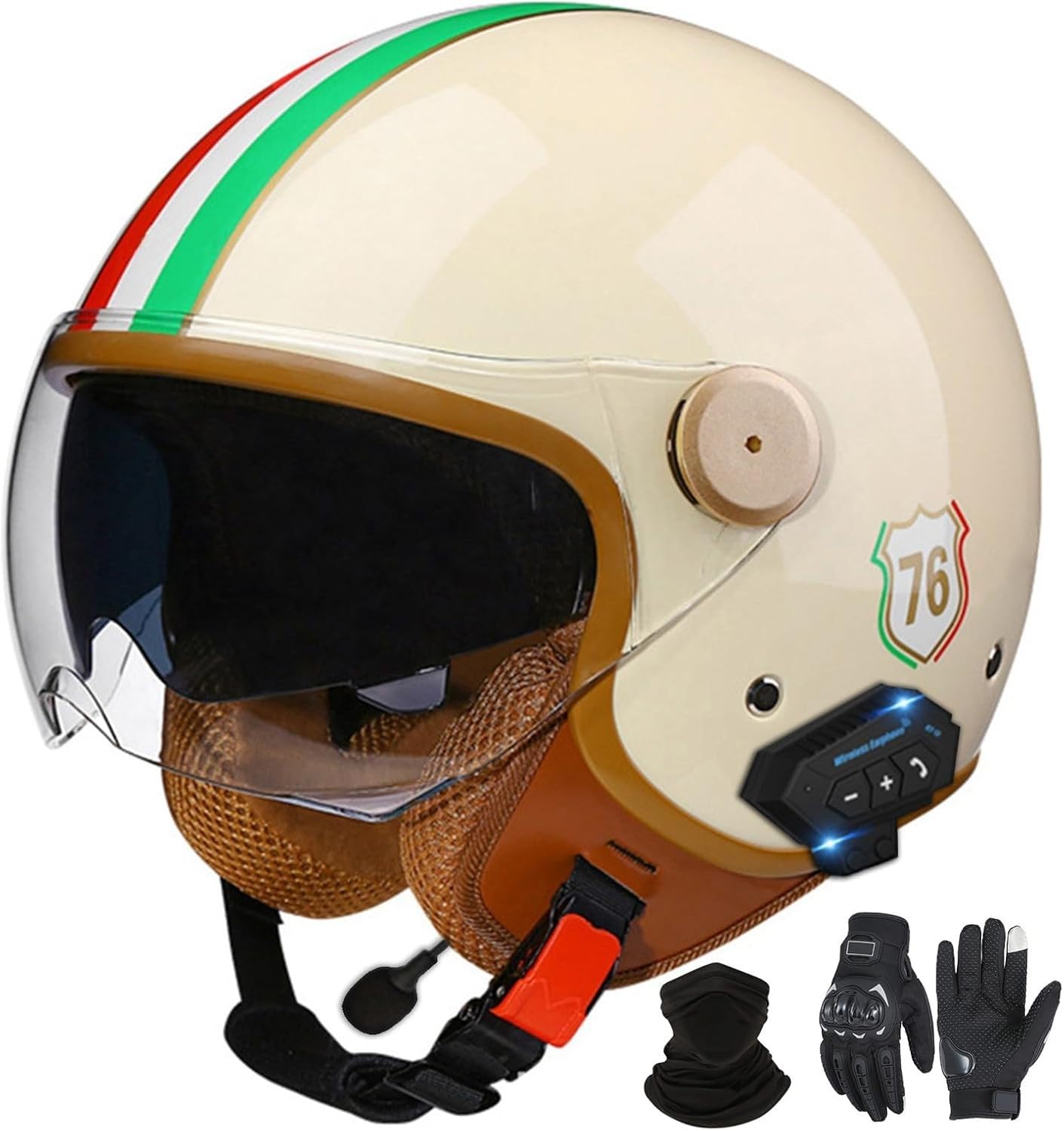 Bluetooth-Halbhelme Motorradhelm, Retro-Jet-Halbhelm Mit Doppelvisier, DOT/ECE-Zertifizierter Halbschalen-Scooter-Helm Für Männer Und Frauen, Antikollisionshelm C2,L=59-60VM von LHBM