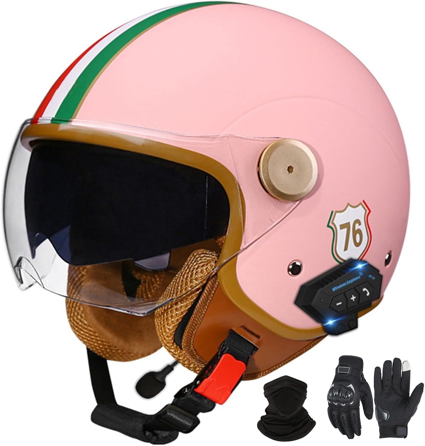 Bluetooth-Halbhelme Motorradhelm, Retro-Jet-Halbhelm Mit Doppelvisier, DOT/ECE-Zertifizierter Halbschalen-Scooter-Helm Für Männer Und Frauen, Antikollisionshelm D1,L=59-60VM von LHBM