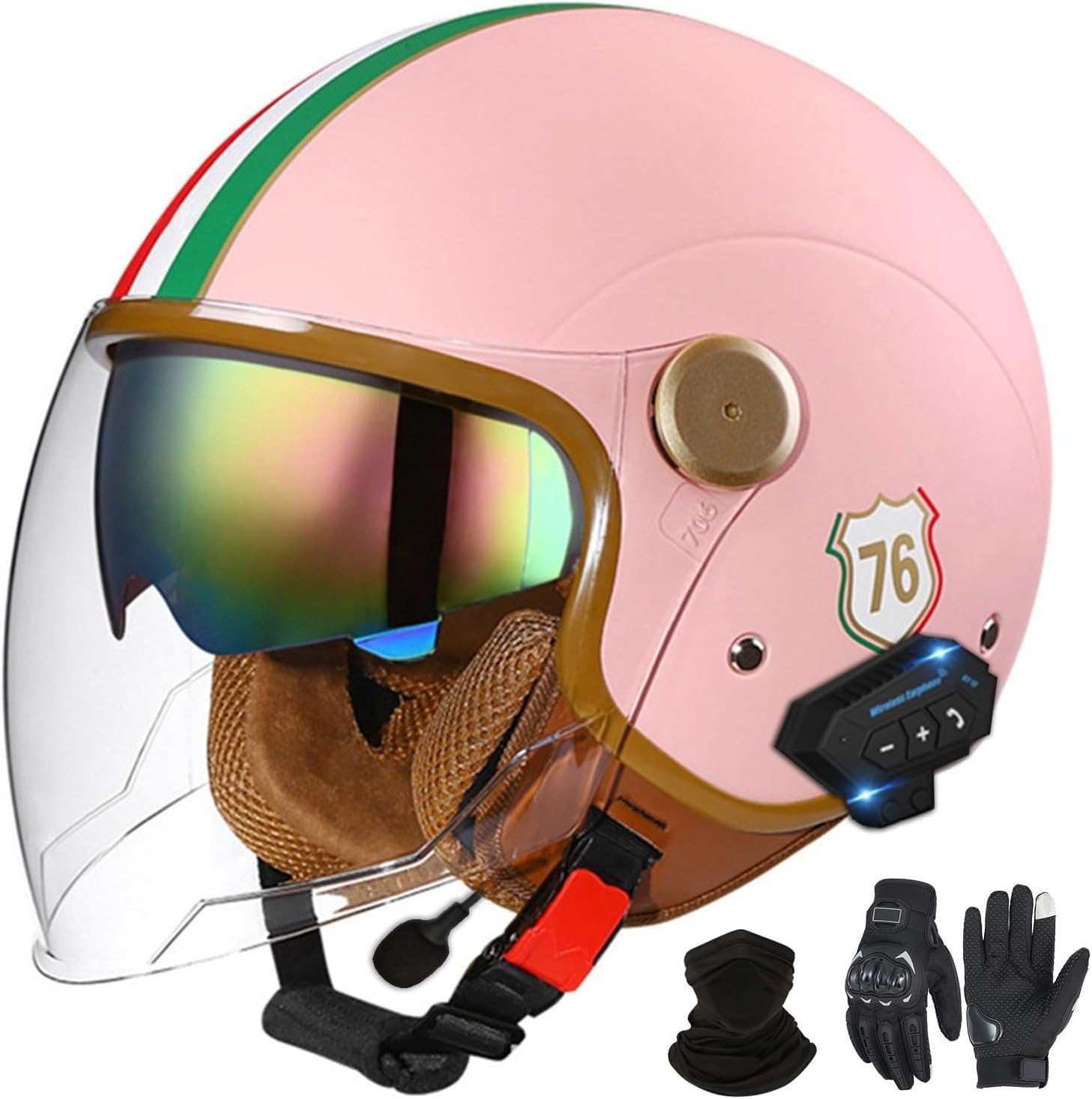 Bluetooth-Halbhelme Motorradhelm, Retro-Jet-Halbhelm Mit Doppelvisier, DOT/ECE-Zertifizierter Halbschalen-Scooter-Helm Für Männer Und Frauen, Antikollisionshelm D2,L=59-60VM von LHBM