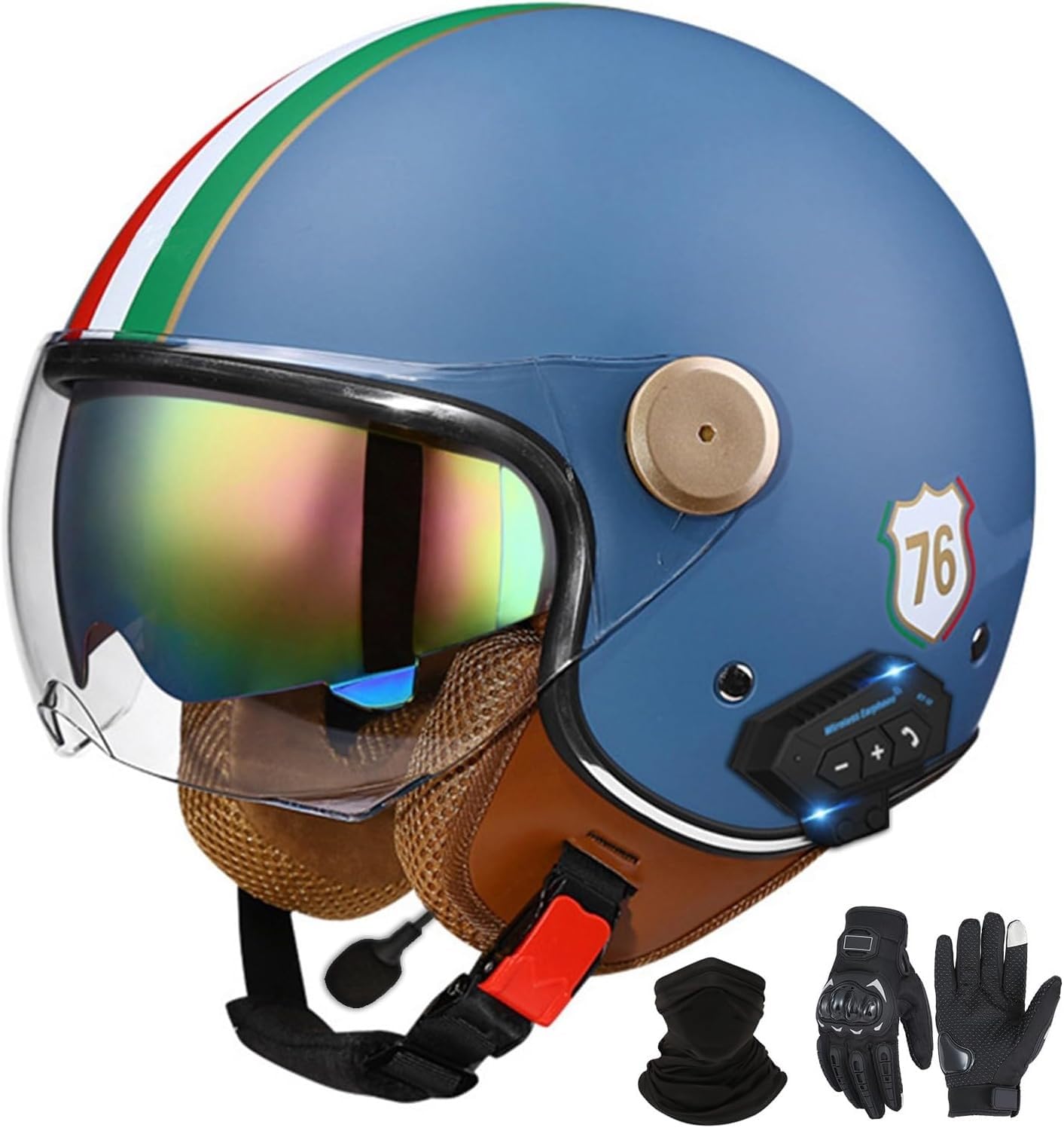 Bluetooth-Halbhelme Motorradhelm, Retro-Jet-Halbhelm Mit Doppelvisier, DOT/ECE-Zertifizierter Halbschalen-Scooter-Helm Für Männer Und Frauen, Antikollisionshelm E1,L=59-60VM von LHBM