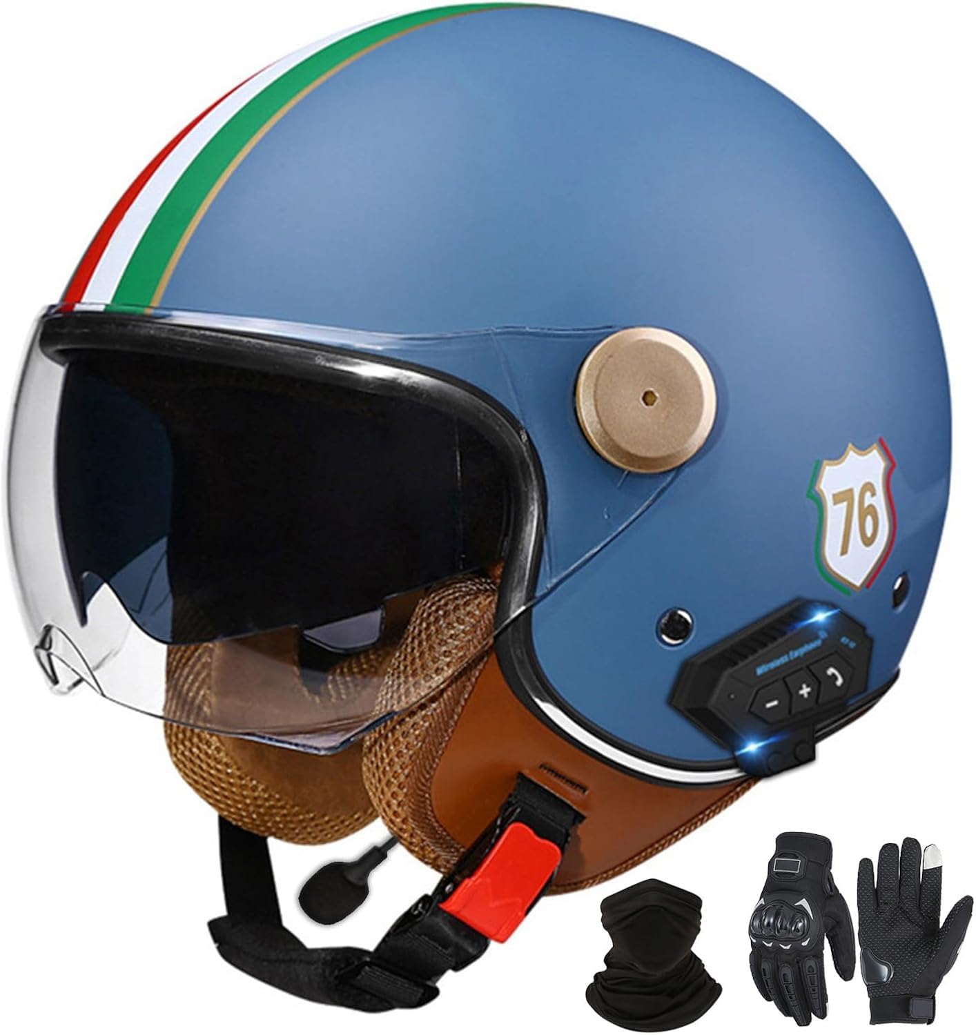 Bluetooth-Halbhelme Motorradhelm, Retro-Jet-Halbhelm Mit Doppelvisier, DOT/ECE-Zertifizierter Halbschalen-Scooter-Helm Für Männer Und Frauen, Antikollisionshelm E2,L=59-60VM von LHBM