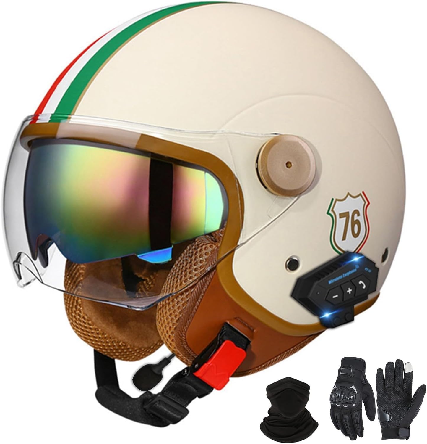 Bluetooth-Halbhelme Motorradhelm, Retro-Jet-Halbhelm Mit Doppelvisier, DOT/ECE-Zertifizierter Halbschalen-Scooter-Helm Für Männer Und Frauen, Antikollisionshelm F1,L=59-60VM von LHBM