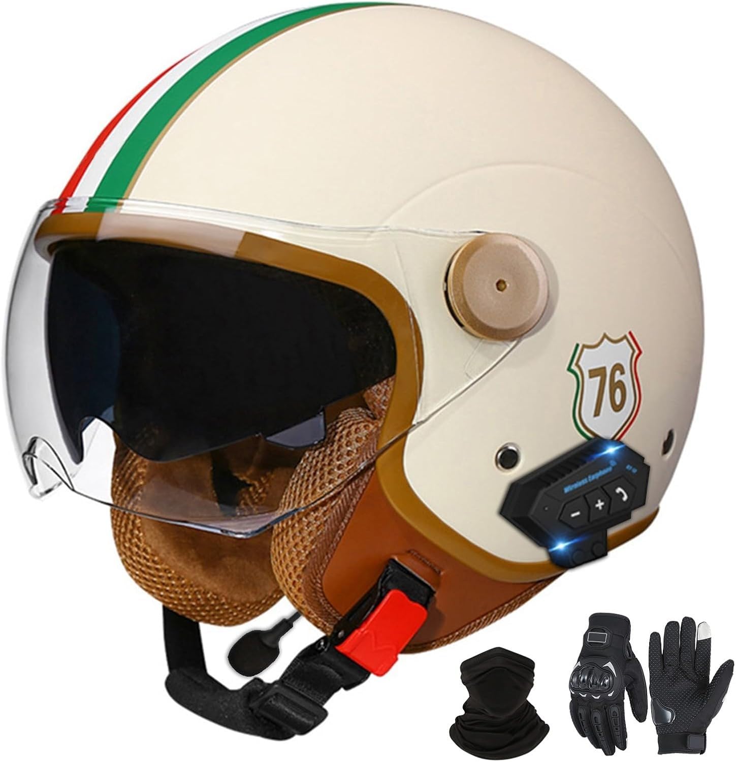 Bluetooth-Halbhelme Motorradhelm, Retro-Jet-Halbhelm Mit Doppelvisier, DOT/ECE-Zertifizierter Halbschalen-Scooter-Helm Für Männer Und Frauen, Antikollisionshelm F2,L=59-60VM von LHBM