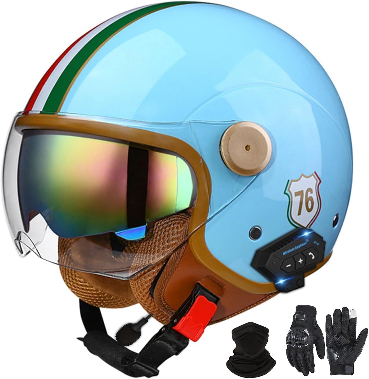 Bluetooth-Halbhelme Motorradhelm, Retro-Jet-Halbhelm Mit Doppelvisier, DOT/ECE-Zertifizierter Halbschalen-Scooter-Helm Für Männer Und Frauen, Antikollisionshelm G1,L=59-60VM von LHBM