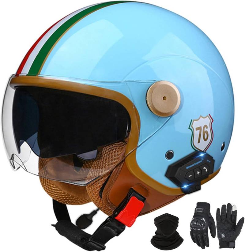 Bluetooth-Halbhelme Motorradhelm, Retro-Jet-Halbhelm Mit Doppelvisier, DOT/ECE-Zertifizierter Halbschalen-Scooter-Helm Für Männer Und Frauen, Antikollisionshelm G2,L=59-60VM von LHBM