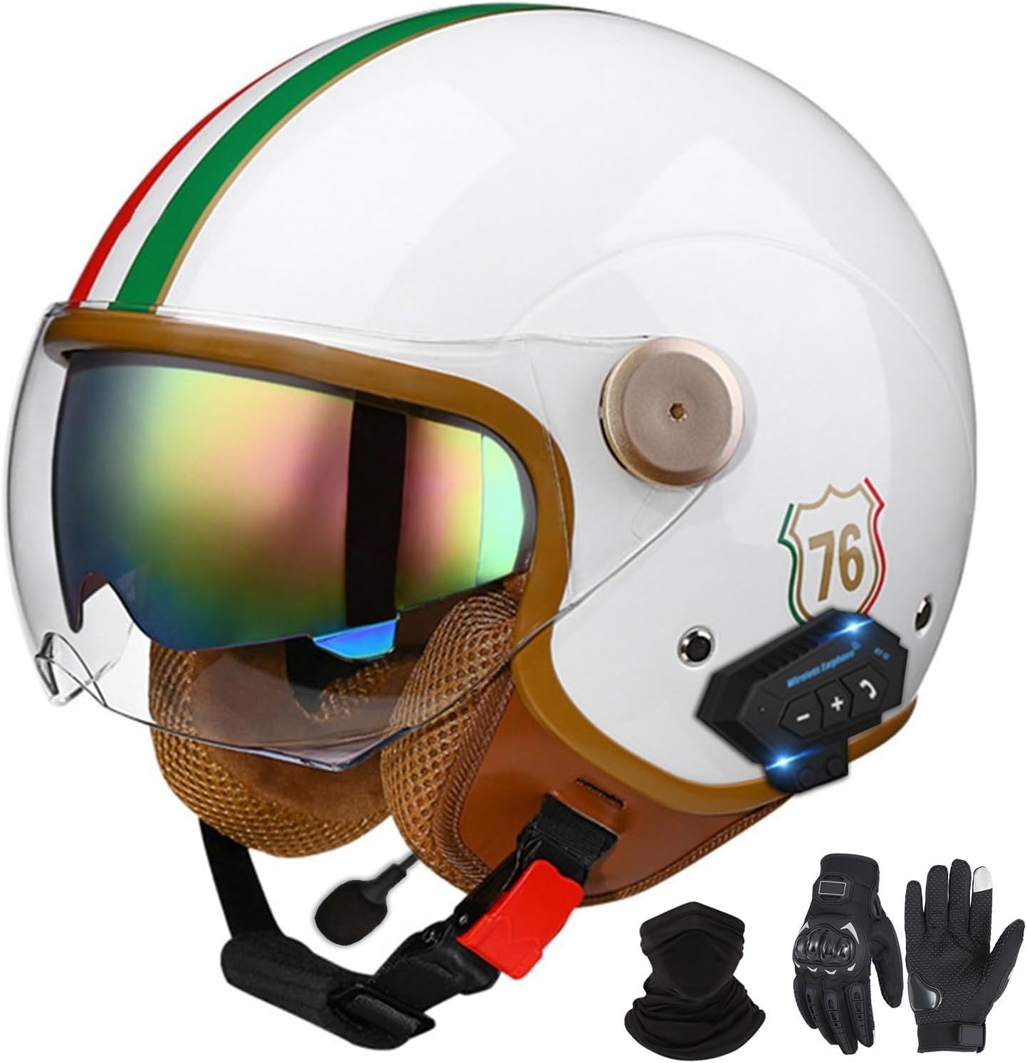 Bluetooth-Halbhelme Motorradhelm, Retro-Jet-Halbhelm Mit Doppelvisier, DOT/ECE-Zertifizierter Halbschalen-Scooter-Helm Für Männer Und Frauen, Antikollisionshelm H1,L=59-60VM von LHBM