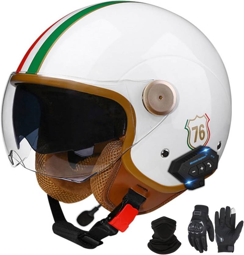 Bluetooth-Halbhelme Motorradhelm, Retro-Jet-Halbhelm Mit Doppelvisier, DOT/ECE-Zertifizierter Halbschalen-Scooter-Helm Für Männer Und Frauen, Antikollisionshelm H2,L=59-60VM von LHBM