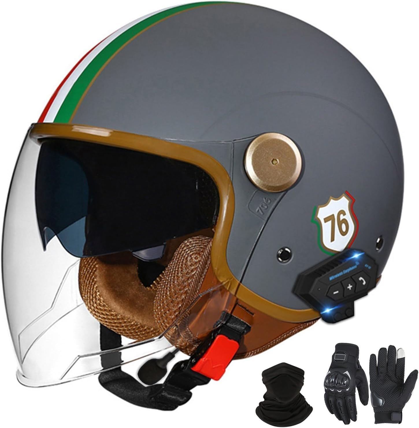 Bluetooth-Halbhelme Motorradhelm, Retro-Jet-Halbhelm Mit Doppelvisier, DOT/ECE-Zertifizierter Halbschalen-Scooter-Helm Für Männer Und Frauen, Antikollisionshelm I1,L=59-60VM von LHBM