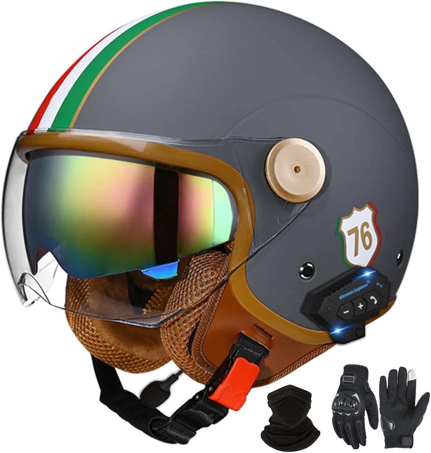 Bluetooth-Halbhelme Motorradhelm, Retro-Jet-Halbhelm Mit Doppelvisier, DOT/ECE-Zertifizierter Halbschalen-Scooter-Helm Für Männer Und Frauen, Antikollisionshelm I2,L=59-60VM von LHBM