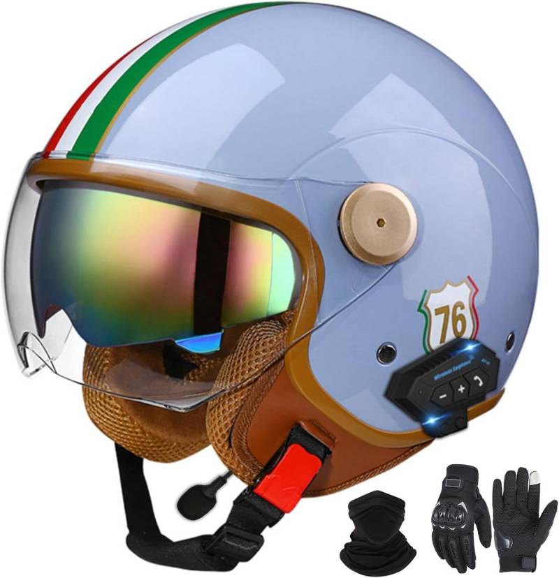 Bluetooth-Halbhelme Motorradhelm, Retro-Jet-Halbhelm Mit Doppelvisier, DOT/ECE-Zertifizierter Halbschalen-Scooter-Helm Für Männer Und Frauen, Antikollisionshelm J1,L=59-60VM von LHBM