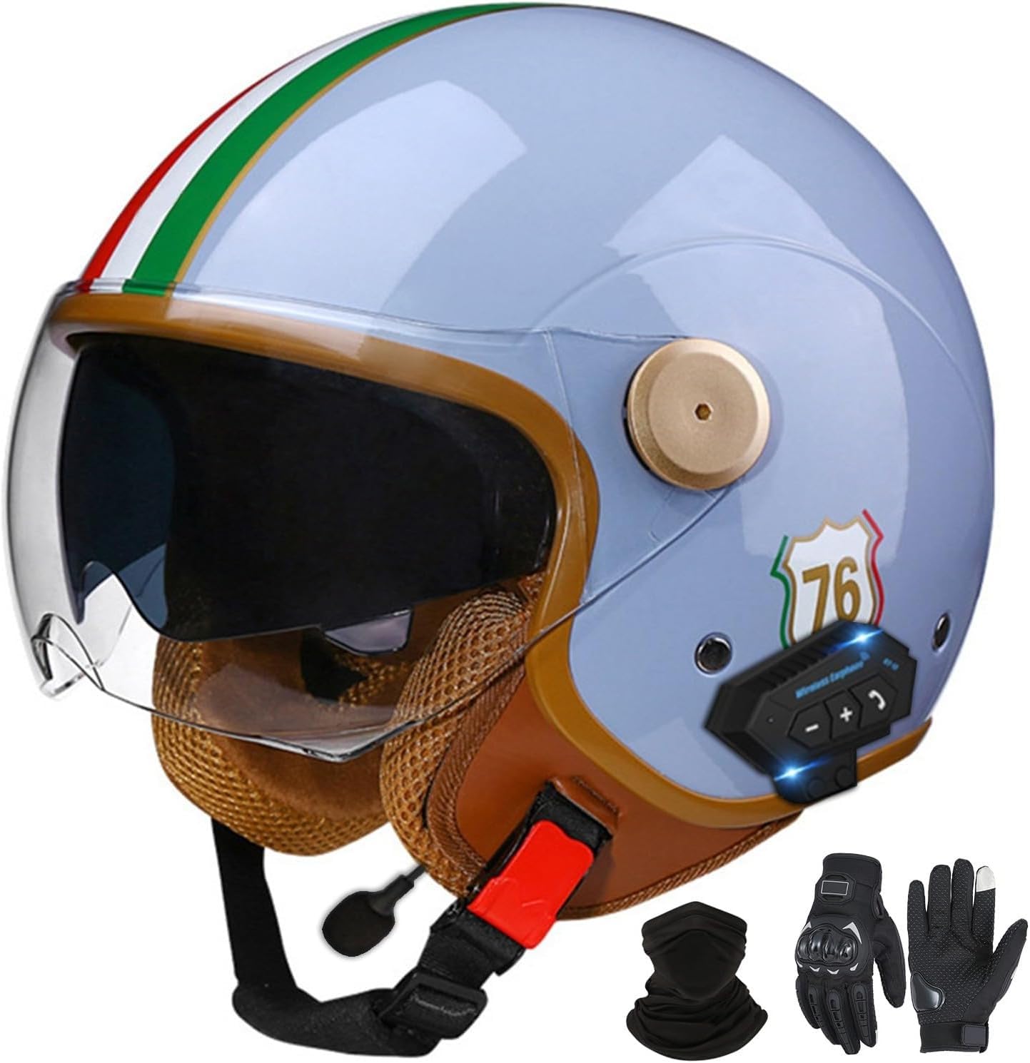 Bluetooth-Halbhelme Motorradhelm, Retro-Jet-Halbhelm Mit Doppelvisier, DOT/ECE-Zertifizierter Halbschalen-Scooter-Helm Für Männer Und Frauen, Antikollisionshelm J2,L=59-60VM von LHBM