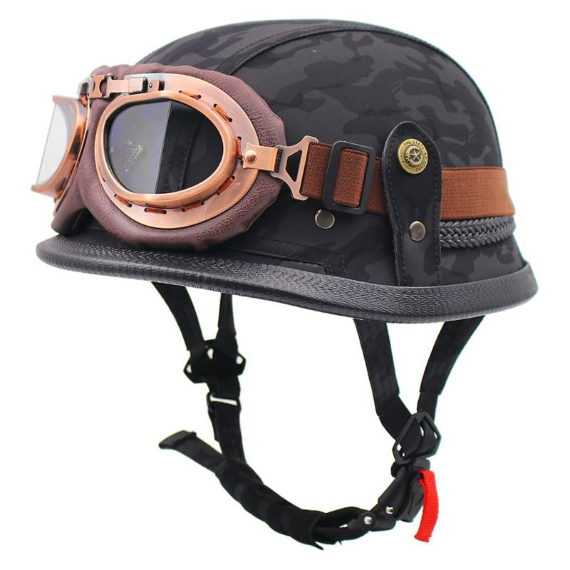 Motorrad-Halbhelm, Motorrad-Jethelm Im Deutschen Totenkopf-Stil, DOT/ECE-Zugelassener Halbschalenhelm Mit Kappe + Schutzbrille, Retro-Jethelm Chopper Biker Moped K,L=59-60CM von LHBM