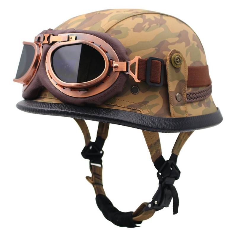 Motorrad-Halbhelm, Motorrad-Jethelm Im Deutschen Totenkopf-Stil, DOT/ECE-Zugelassener Halbschalenhelm Mit Kappe + Schutzbrille, Retro-Jethelm Chopper Biker Moped Q,L=59-60CM von LHBM