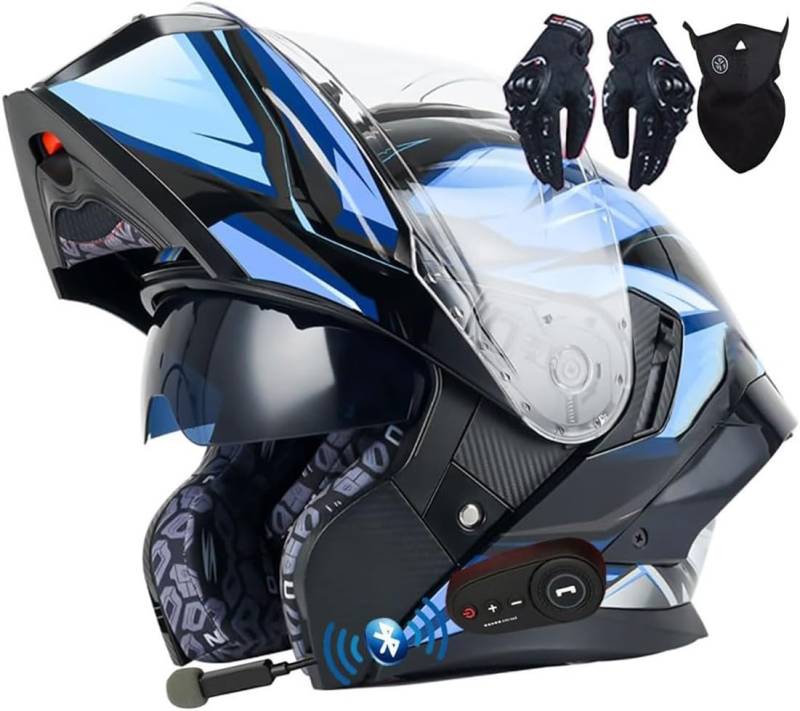 Motorradhelm Klapphelm mit Bluetooth ECE Zertifiziert Modularer Helm Integralhelm Doppelvisier Mopedhelm Racing Helm für Erwachsene Männer Frauen Roller Helm Sturzhelm C,L=59-60CM von LHBM