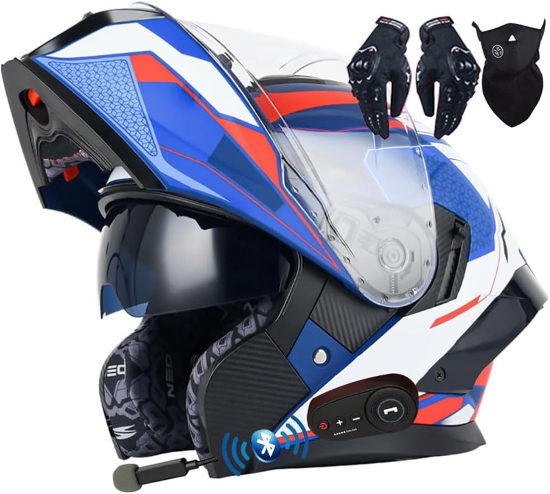 Motorradhelm Klapphelm mit Bluetooth ECE Zertifiziert Modularer Helm Integralhelm Doppelvisier Mopedhelm Racing Helm für Erwachsene Männer Frauen Roller Helm Sturzhelm E,L=59-60CM von LHBM