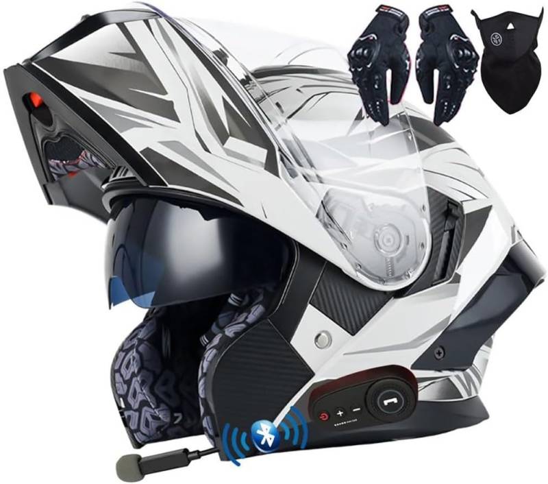 Motorradhelm Klapphelm mit Bluetooth ECE Zertifiziert Modularer Helm Integralhelm Doppelvisier Mopedhelm Racing Helm für Erwachsene Männer Frauen Roller Helm Sturzhelm F,L=59-60CM von LHBM