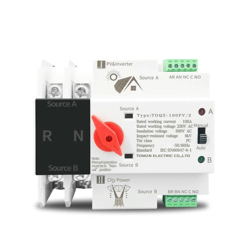 Einphasen-Schienen-ATS for PV und Wechselrichter, Dual-Power-Automatik-Transfer-Wahlschalter, unterbrechungsfrei, 2P, 63 A, 100 A, 125 A, 1 Stück(100A) von LHKQHRDL