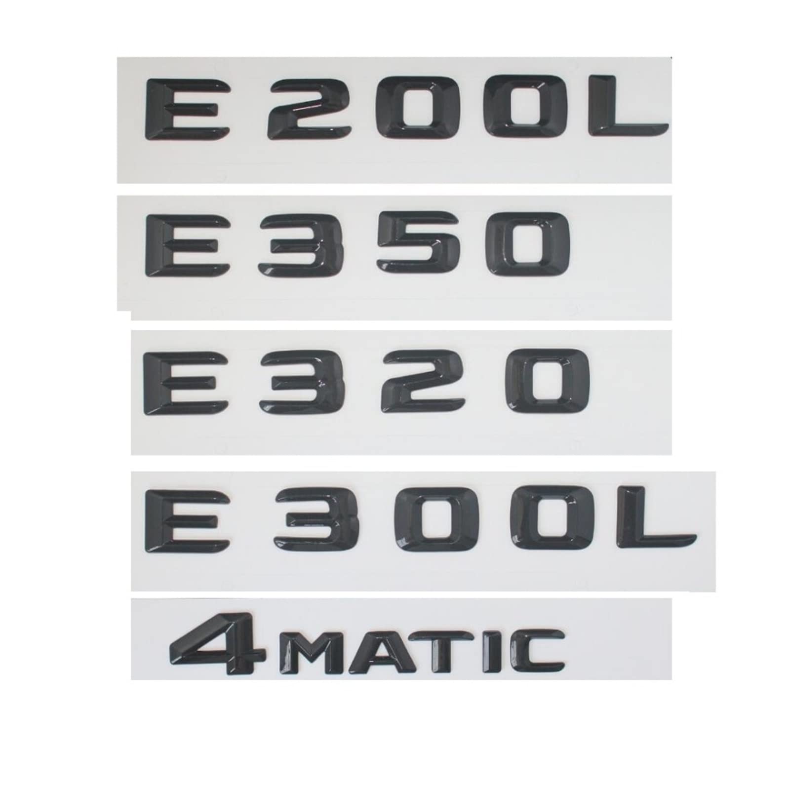 LHYFAGQK Glänzend Schwarze Stammbuchstaben-Abzeichen-Emblem, passend for E43 E63 E55 AMG E320 E350 E300 E200 E400 E500 E250 E550 E420 4MATIC Abzeichen Autoaufkleber(E200L) von LHYFAGQK