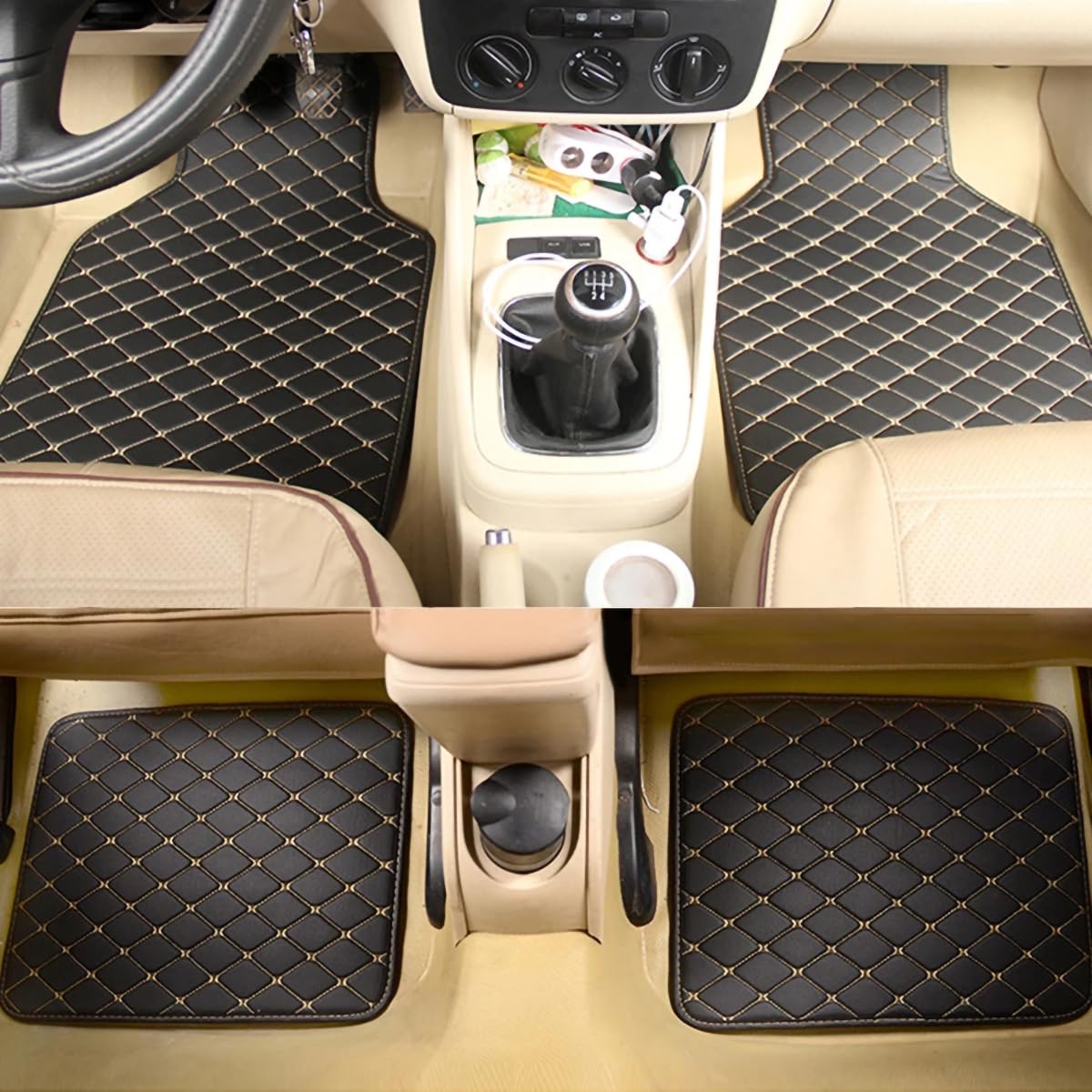 4 Stück Autofußmatten für VW Touran 2013-2015, Bodenbeläge, Fußpolster-Schutzteppich, PU-Leder/wasserdicht,A-beige black von LHZPGC