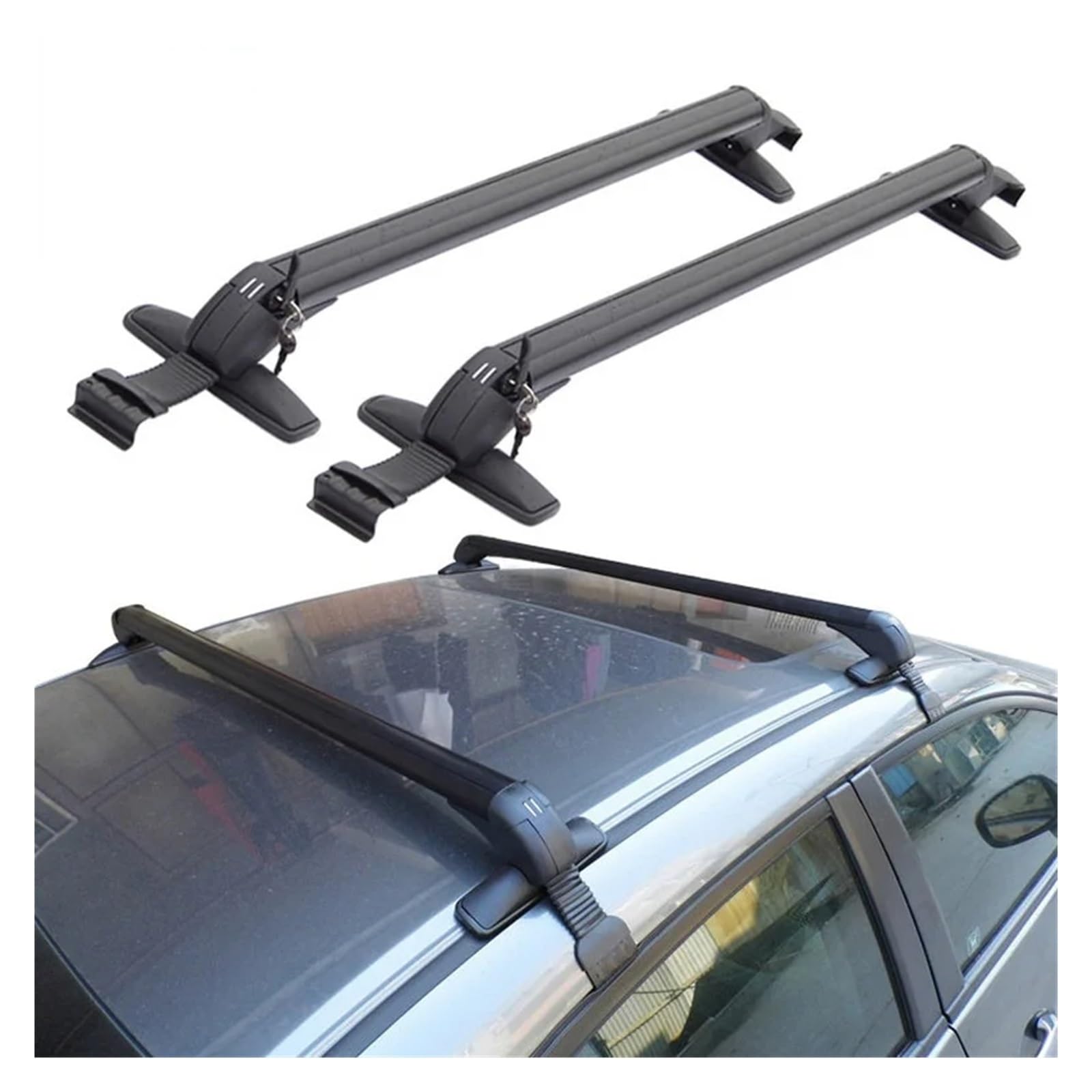 Dachgepäckträger Universal Schwarz Fahrzeug Auto Dach Montage Rack Schiene Bar Aluminium Gepäckträger Mit Schloss Top Auto Rack 2PCS Dachreling(B-Pole 90cm-100cm) von LIANGBAOS