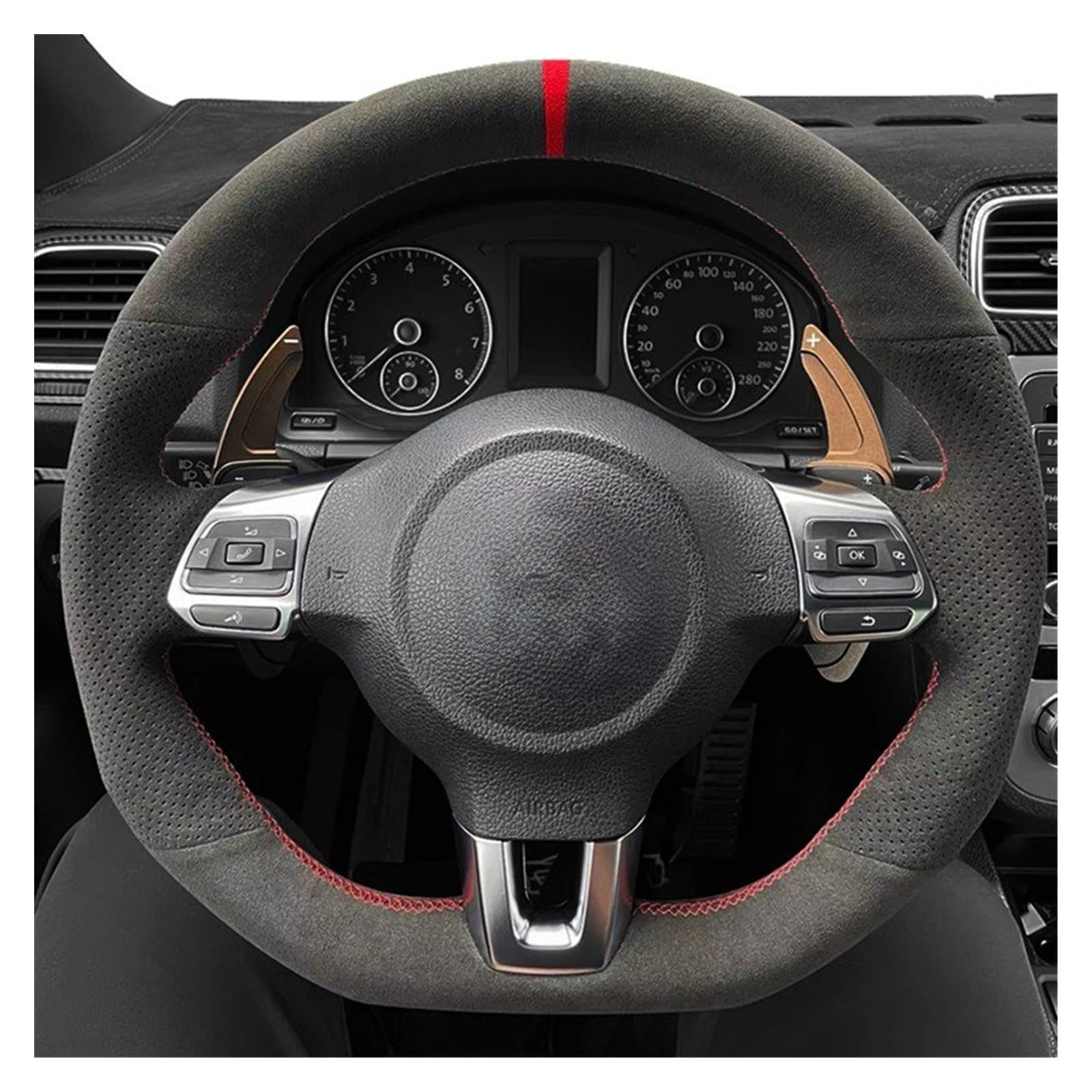 Lenkradhüllen Für Golf 6, Für MK6, Für VW, Für Polo, Für GTI, Für Passat CC, Für Line 2010, Individuelle Auto-Lenkradabdeckung, Schwarzes Wildleder Lenkradcover(Stil 4) von LIANGBAOS